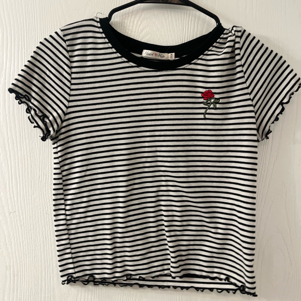Striped Black and White Kids Shirt with Rose Embroidery
